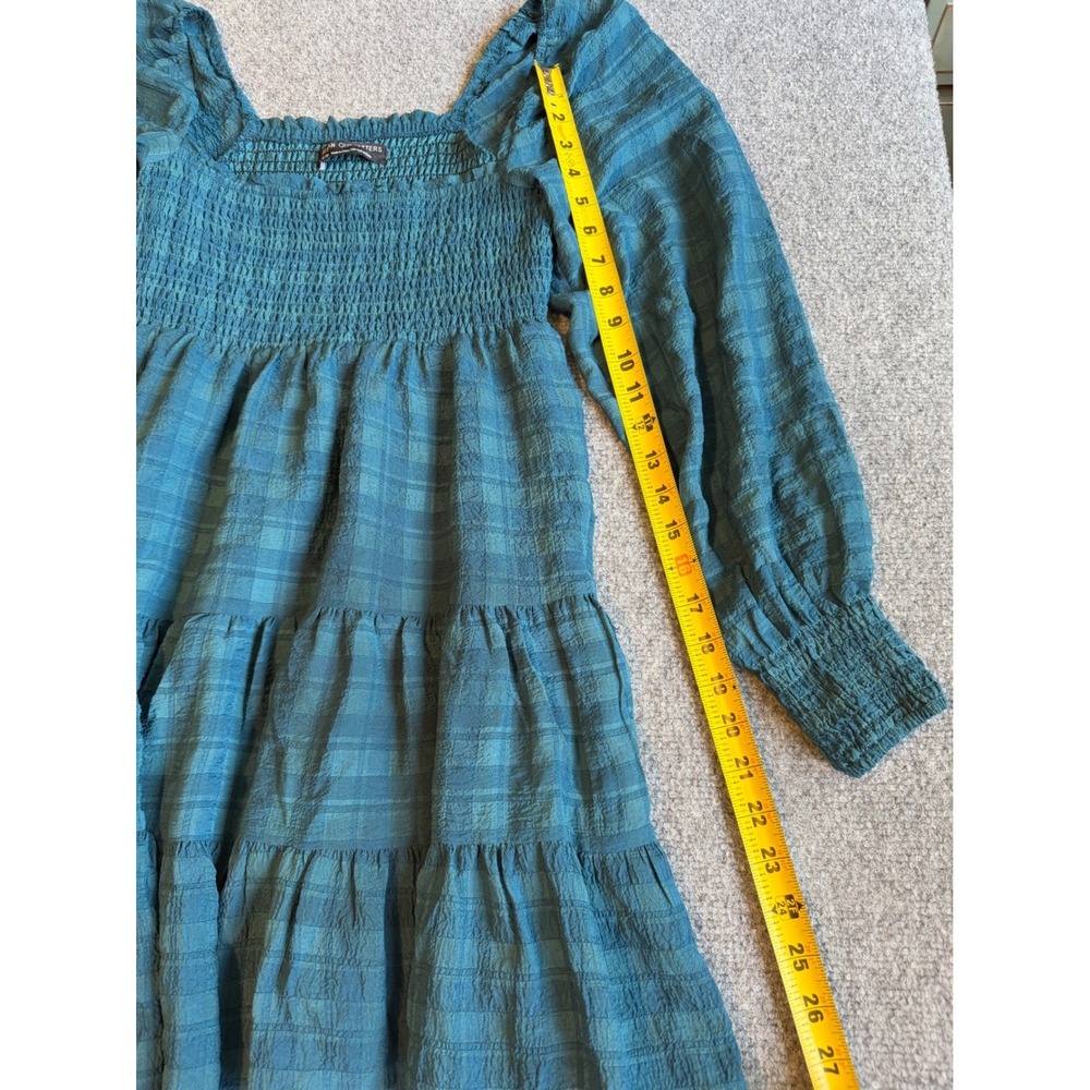 Urban Outfitters Smocked Plaid Mini Dress Teal Blue Long Sleeve Tiered XS - Picture 4 of 9